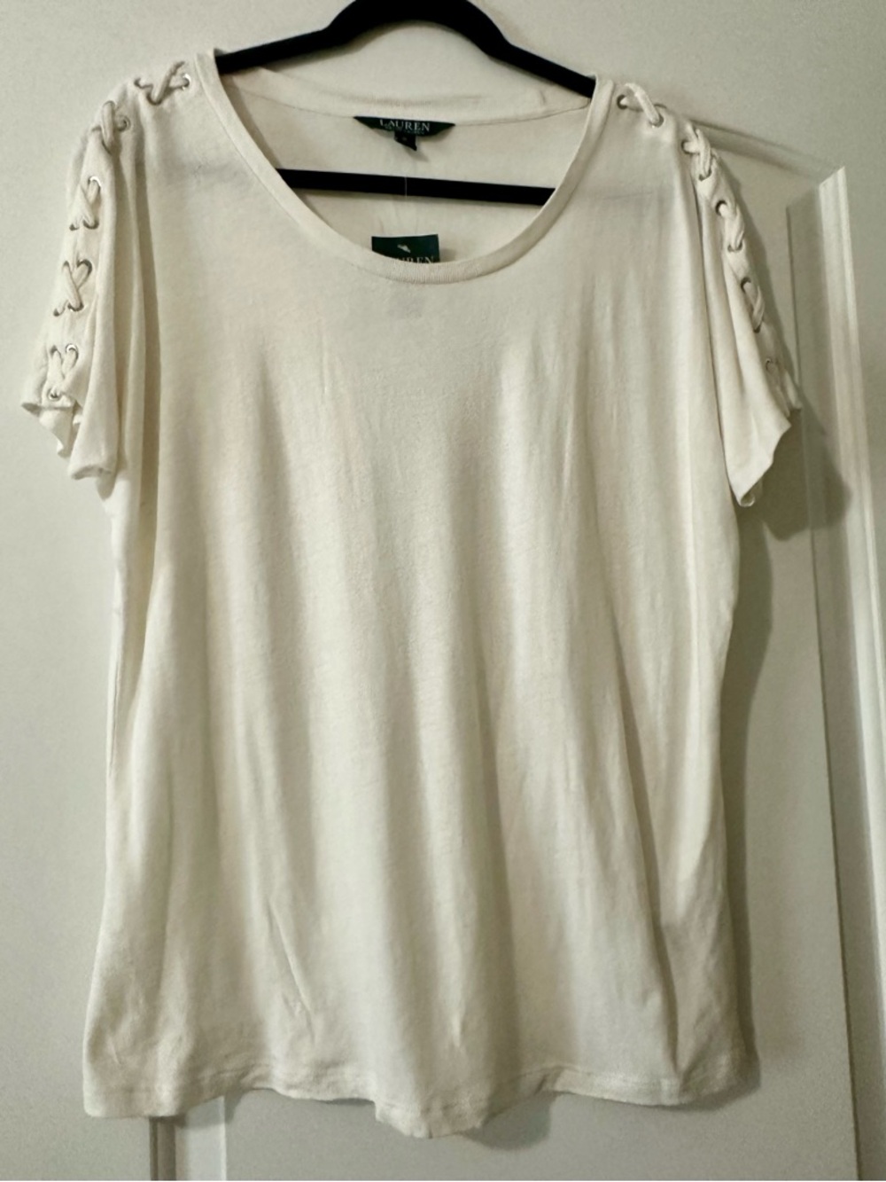 Ralph Lauren Cream Short-Sleeve Tee with Lace-Up Shoulders